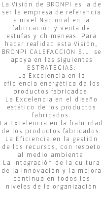La Visión de BRONPI es la de ser la empresa de referencia a nivel Nacional en la fabricación y venta de estufas y chimeneas. Para hacer realidad esta Visión, BRONPI CALEFACCIÓN S.L. se apoya en las siguientes ESTRATEGIAS: La Excelencia en la eficiencia energética de los productos fabricados. La Excelencia en el diseño estético de los productos fabricados. La Excelencia en la fiabilidad de los productos fabricados. La Eficiencia en la gestión de los recursos, con respeto al medio ambiente. La Integración de la cultura de la innovación y la mejora continua en todos los niveles de la organización 